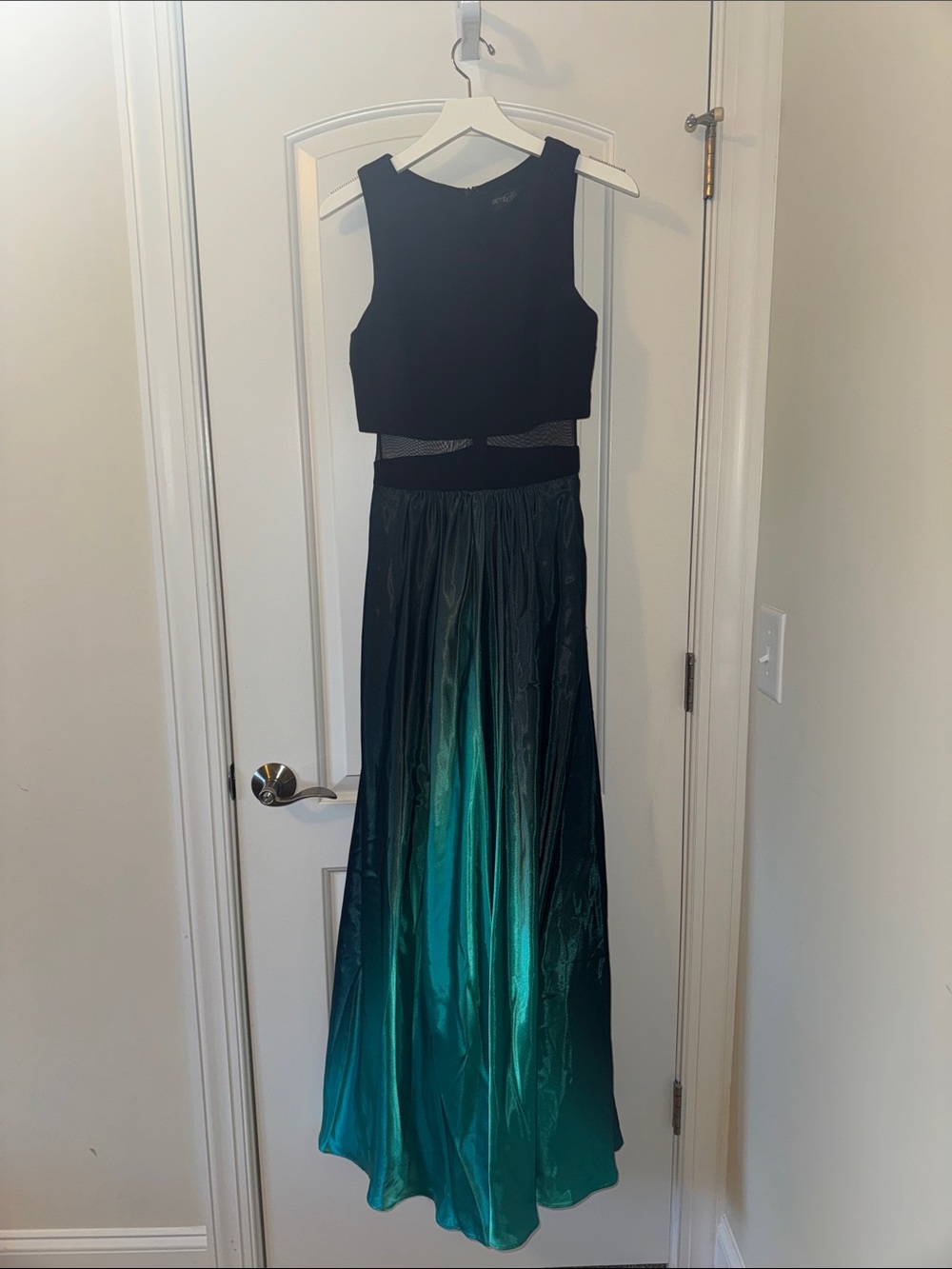 Two-Piece illusion Gown with Black Crop Top and Teal Ombre Skirt